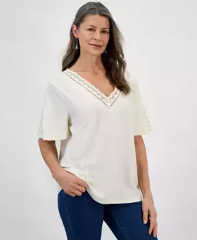 Женский топ с V-образным вырезом и кружевной отделкой Style & Co, белый