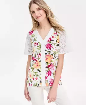 Женский топ с V-образным вырезом и кружевным принтом JM Collection, белый