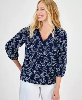 Женский топ с V-образным вырезом и 3/4 рукава, с цветочной вышивкой Style & Co, синий