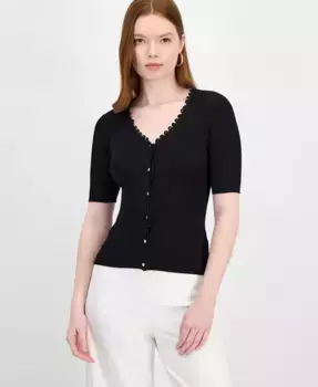 Женский топ с V-образным вырезом и застежкой на пуговицы, выполненный из ребристой ткани T Tahari, черный