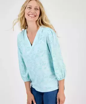 Женский топ с V-образным вырезом и 3/4 рукава, с цветочной вышивкой Style & Co, зеленый