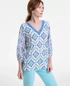 Женский топ с V-образным вырезом и 3/4 рукавом, украшенный декором JM Collection, белый