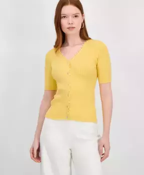 Женский топ с V-образным вырезом и застежкой на пуговицы, выполненный из ребристой ткани T Tahari, желтый
