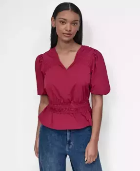 Женский топ с V-образным вырезом, пышными рукавами и баской DKNY, красный