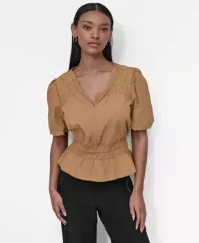 Женский топ с V-образным вырезом, пышными рукавами и баской DKNY, коричневый