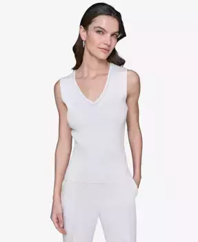Женский топ с V-образным вырезом, рубчик, без рукавов, с декоративными элементами KARL LAGERFELD PARIS, белый