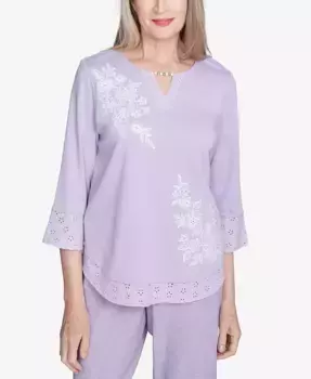 Женский топ с вышивкой цветов и вырезом-замочной скважиной Crystal Springs Alfred Dunner, серый