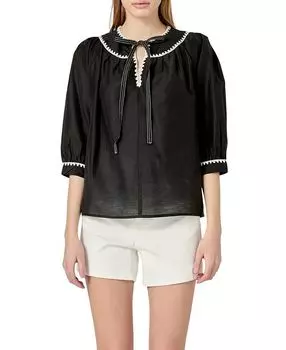 Женский топ с вышивкой и бантом English Factory, черный