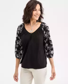Женский топ с вышивкой и V-образным вырезом, с рукавом 3/4 Style & Co, черный