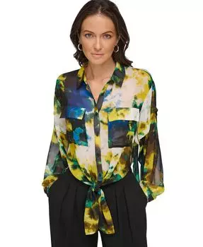 Женский топ с завязками и пуговицами спереди с принтом DKNY, цвет Citrine/black Multi