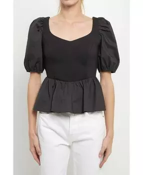 Женский топ смешанного цвета с пышными рукавами English Factory, черный