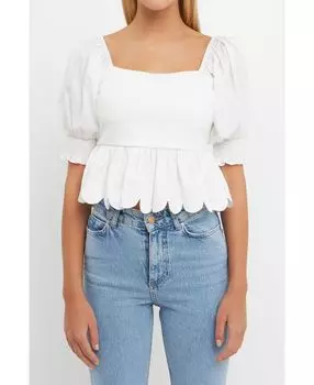 Женский топ смешанной техники с фестончатым краем English Factory, белый