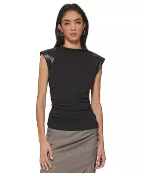 Женский топ со сборками и отделкой из искусственной кожи DKNY, черный