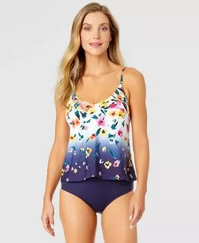 Женский топ танкини с цветочным принтом и V-образным вырезом, а также плавки бикини с высокой талией Anne Cole, черный