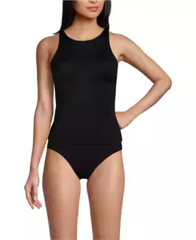 Женский топ-танкини с высоким горлом и ремешками на спине без затяжек Lands' End, черный