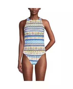 Женский топ-танкини с высокой горловиной, без затяжек и с бретелями на спине, размер чашки D Lands' End, белый