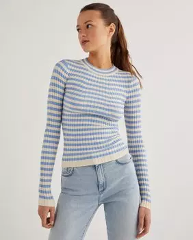 Женский топ в полоску с длинными рукавами и круглым вырезом Pieces, синий