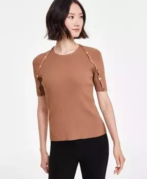 Женский топ в рубчик с короткими рукавами и отделкой пуговицами Anne Klein, коричневый