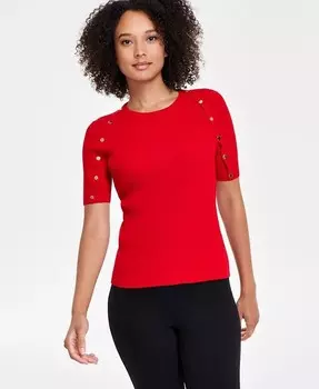 Женский топ в рубчик с короткими рукавами и отделкой пуговицами Anne Klein, красный