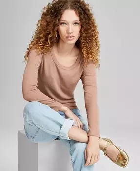 Женский топ в рубчик с круглым вырезом и длинными рукавами And Now This, бежевый