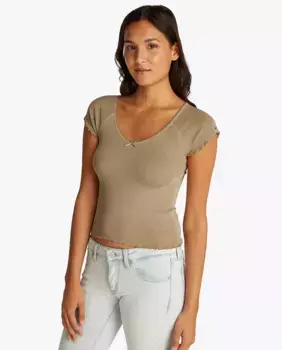 Женский топ в рубчик с V-образным вырезом Tommy Jeans, бежевый