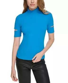 Женский топ в рубчик с воротником-стойкой и рукавами с разрезом DKNY Jeans, синий