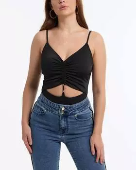 Женский трикотажный боди BEBE с вырезом-замочной скважиной спереди и сборками, черный