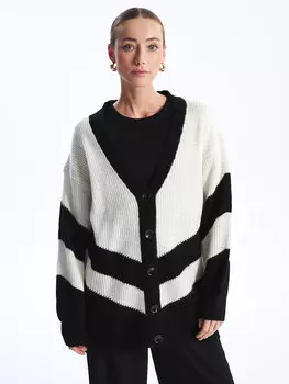 Женский трикотажный кардиган оверсайз с длинными рукавами и V-образным вырезом в цветных блоках LCWAIKIKI Classic