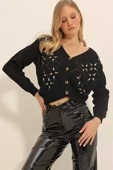 Женский трикотажный кардиган с черным ромбовидным узором и цветочной вышивкой ALC-X8993 Trend Alaat Stili, черный