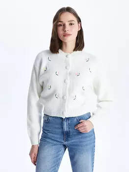 Женский трикотажный кардиган с длинным рукавом и круглым вырезом с вышивкой LCW Casual, экрю