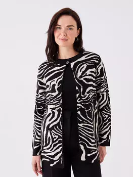 Женский трикотажный кардиган с длинным рукавом и круглым вырезом с рисунком LCW Grace, черный жаккард