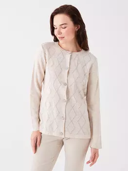 Женский трикотажный кардиган с длинным рукавом и круглым вырезом с рисунком LCW Grace, бежевый