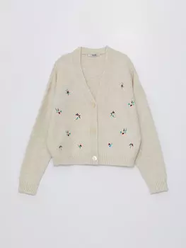 Женский трикотажный кардиган с длинными рукавами и V-образным вырезом с вышивкой XSIDE, бежевый