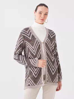 Женский трикотажный кардиган с длинными рукавами и V-образным вырезом с рисунком LCW Grace, коричневый жаккард