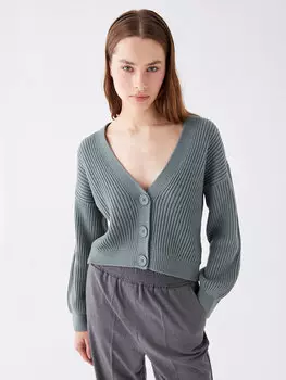 Женский трикотажный кардиган с длинными рукавами и V-образным вырезом с рисунком LCW Casual, сизый
