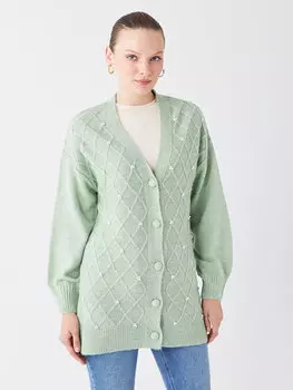 Женский трикотажный кардиган с длинными рукавами и V-образным вырезом с рисунком LCW Modest, светло-мятно-зеленый