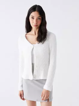 Женский трикотажный кардиган с длинными рукавами и V-образным вырезом с рисунком LCW ECO, белый