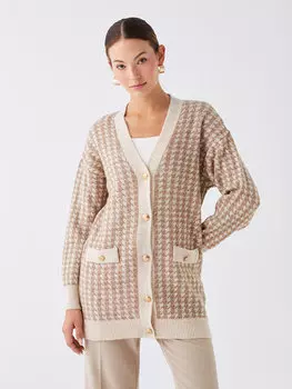 Женский трикотажный кардиган с длинными рукавами и V-образным вырезом с рисунком LCWAIKIKI Basic, жаккард из верблюжьей шерсти
