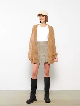 Женский трикотажный кардиган с длинными рукавами и воротником-шалью с узором LCW Casual, кофе меланж