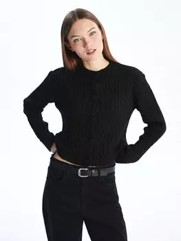 Женский трикотажный кардиган с длинными рукавами и круглым вырезом с узором LCW Casual, новый черный