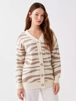 Женский трикотажный кардиган с длинными рукавами и V-образным вырезом с рисунком LCWAIKIKI Basic, экрю жаккард