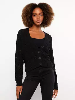 Женский трикотажный кардиган с длинными рукавами и V-образным вырезом с рисунком LCW Casual, черный