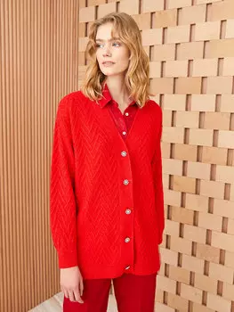 Женский трикотажный кардиган с длинными рукавами и V-образным вырезом с рисунком LCW Modest, красный