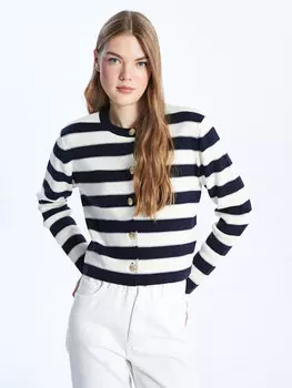 Женский трикотажный кардиган с круглым вырезом и длинными рукавами с цветными блоками LCW Casual, темно-синий в полоску