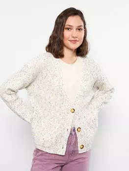 Женский трикотажный кардиган с V-образным вырезом и длинными рукавами LCW Casual