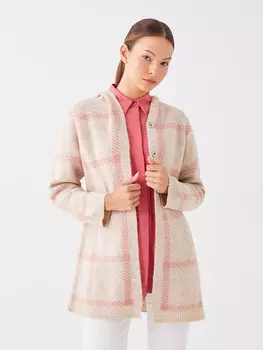 Женский трикотажный кардиган в клетку с капюшоном и длинными рукавами LCWAIKIKI Classic, бежевый меланж