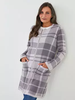 Женский трикотажный кардиган в клетку с круглым вырезом и длинными рукавами LCW Grace