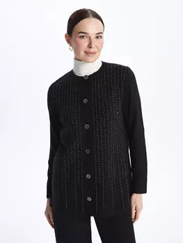 Женский трикотажный кардиган в полоску с круглым вырезом и длинными рукавами LCW Grace, новый черный