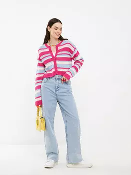 Женский трикотажный кардиган в полоску с круглым вырезом и длинными рукавами XSIDE