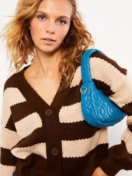 Женский трикотажный кардиган в полоску с v-образным вырезом и длинными рукавами LCW Casual